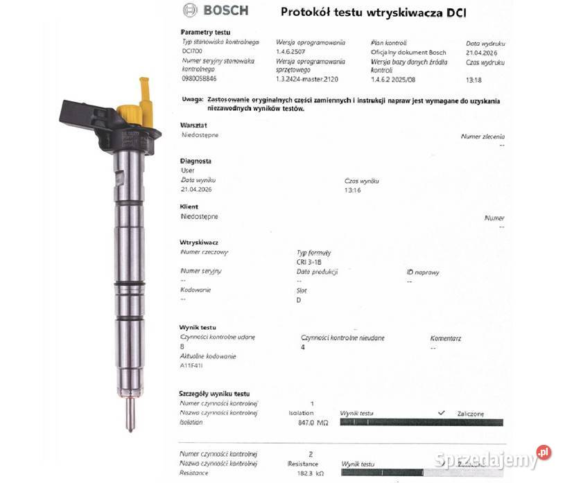 Wtryskiwacz BOSCH 0445116030 do AUDI SEAT SKODA Bladowo