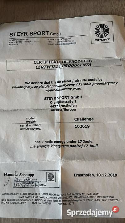 Wiatrówka Steyr Challenge Field Target Luneta sprzedam