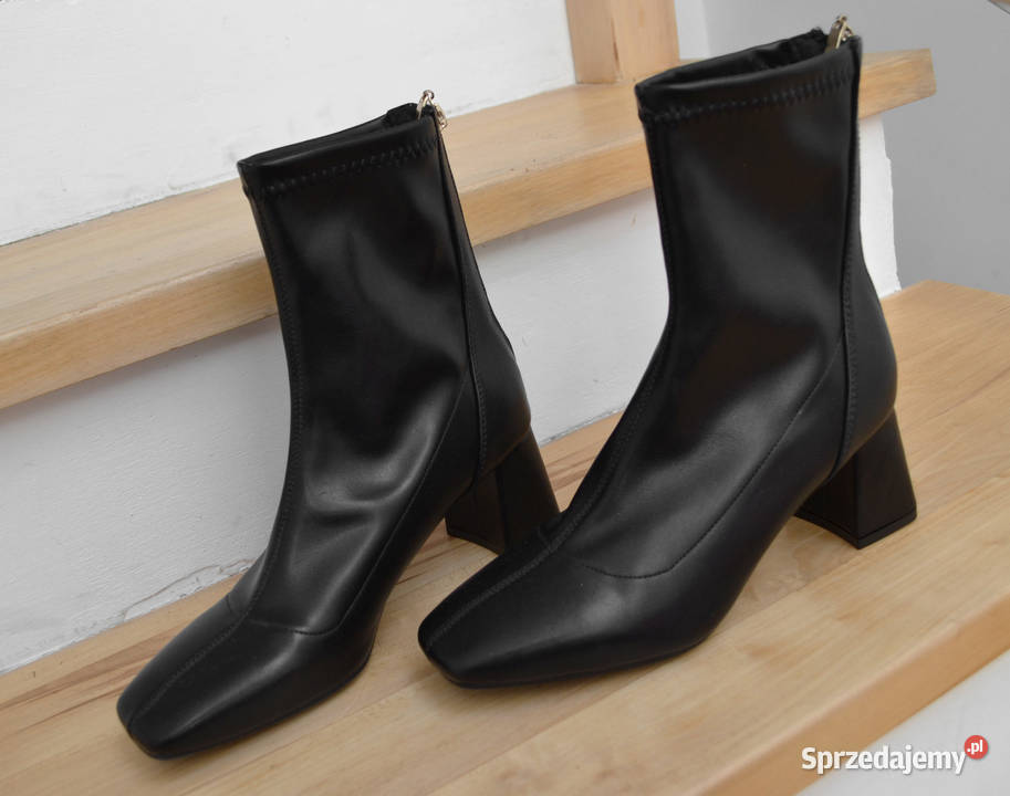 skórzane botki na klocku czarne buty na jesień