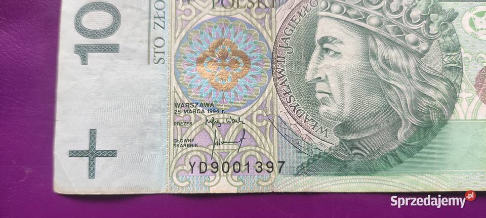 Banknot 100 1994 seria YD Zastępcza seria 14 mazowieckie Pruszków