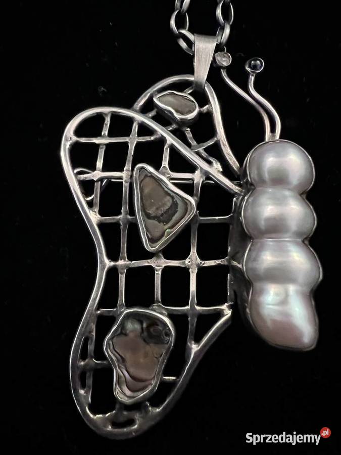 Srebrny wisior broszka motyl perły akwamaryn