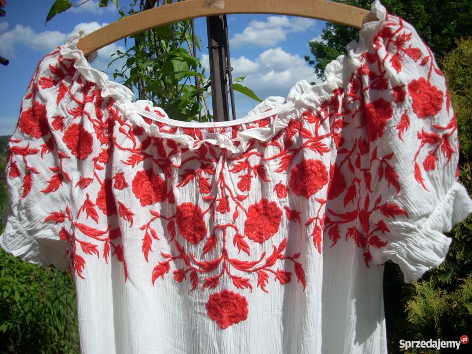 Koszula Haftowana Luźna NOWA 40 Biała Czerwona Bluzki i koszule małopolskie