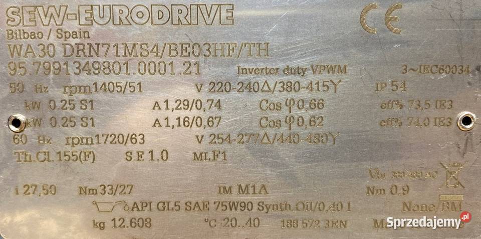 motoreduktor przekładnia 025kW 51obr 3fazowy kujawsko-pomorskie Pigża