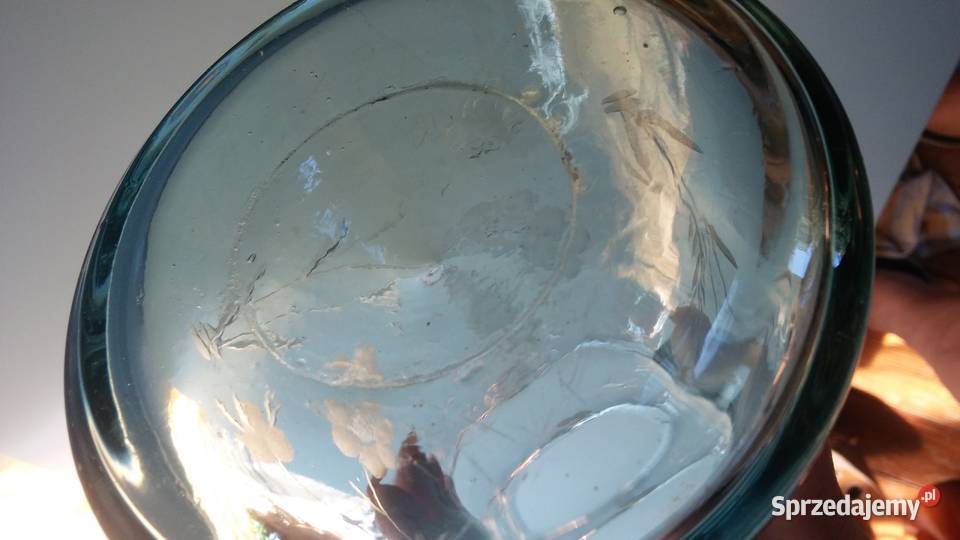 Piękny stary dzban szklany błękitny grawerowany Łódź