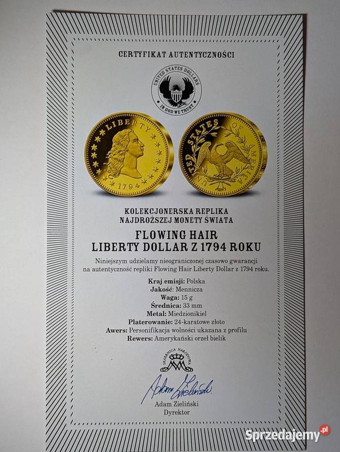 Replika Flowing Hair Liberty Dollar 1794 Piła sprzedam