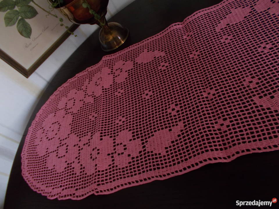 Dłuuuga Różowa Serweta Rękodzieło PRL Vintage Szczecin