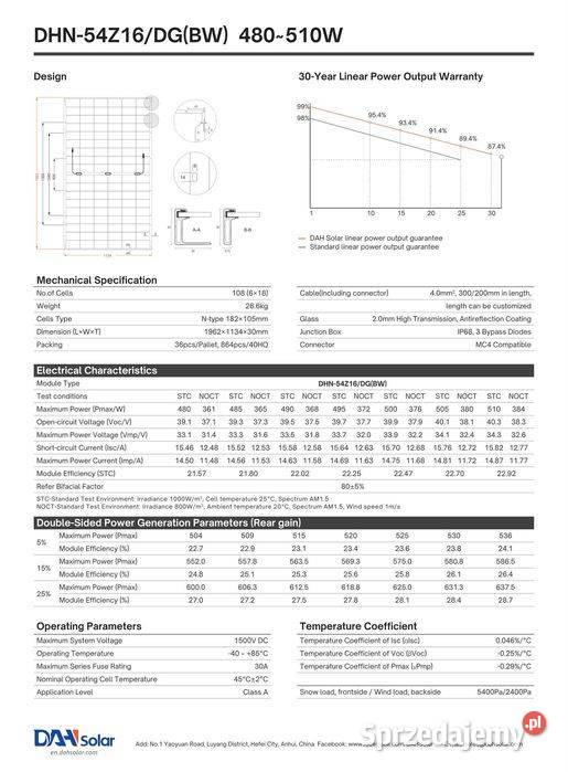 Panel Fotowoltaiczny DAH Solar 510W Bifacial sprzedam