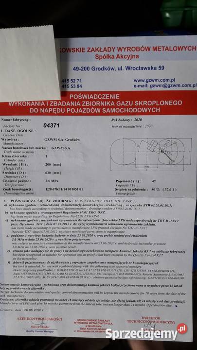 butla zbiornik toroidalny LPG 47 litrów Układ paliwowy sprzedam