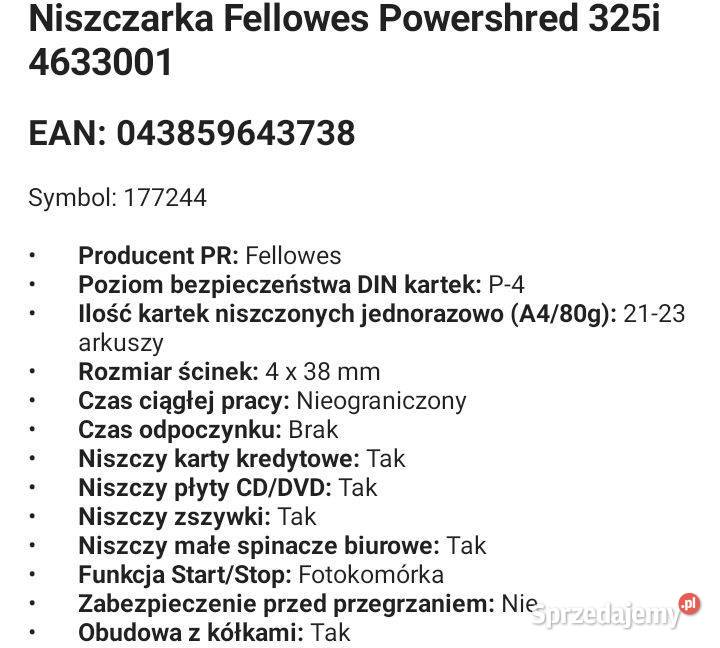 Niszczarka Fellowes powershred 325i Warszawa sprzedam