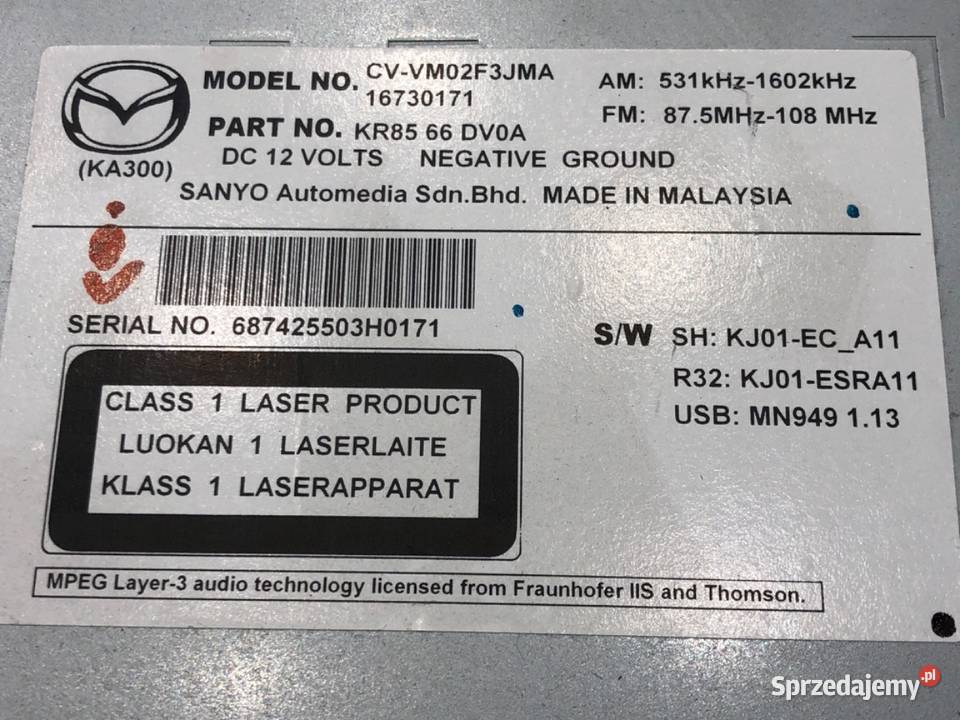 RADIO MAZDA CX5 KR8566DV0A 1117 ODTWARZACZ