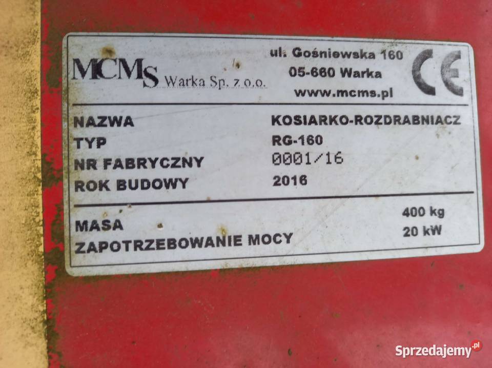 Kosiarko rozdrabniacz MCMS RG160 prawie nowa Pozostałe mazowieckie Michrów sprzedam