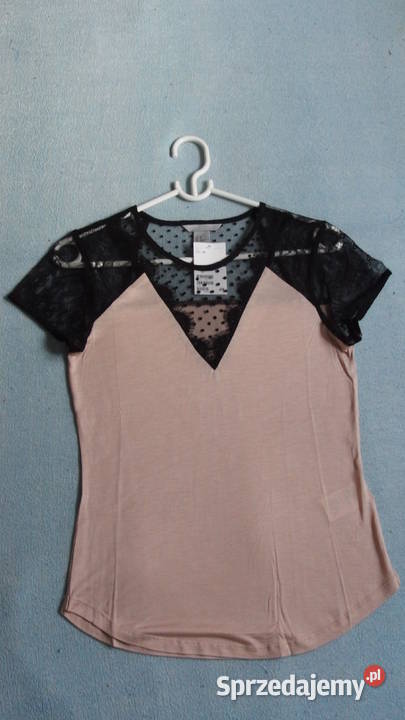 Koszulka bluzka xs 34 czarny pudrowy róż hm
