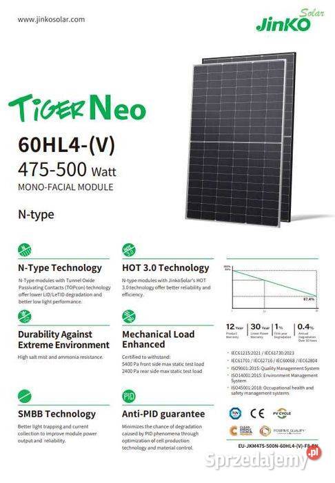 Panel fotowoltaiczny JINKO JKM500N60HL4V 500 W małopolskie