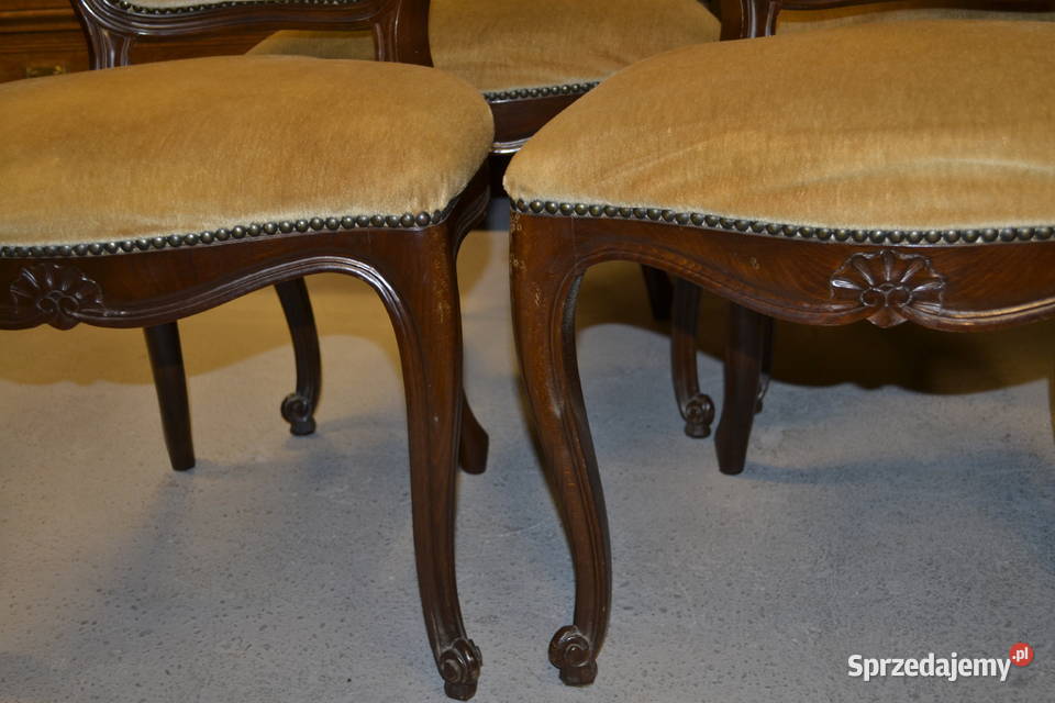 krzesła ludwikowskie ramy ciemny orzech welur Meble Będzin