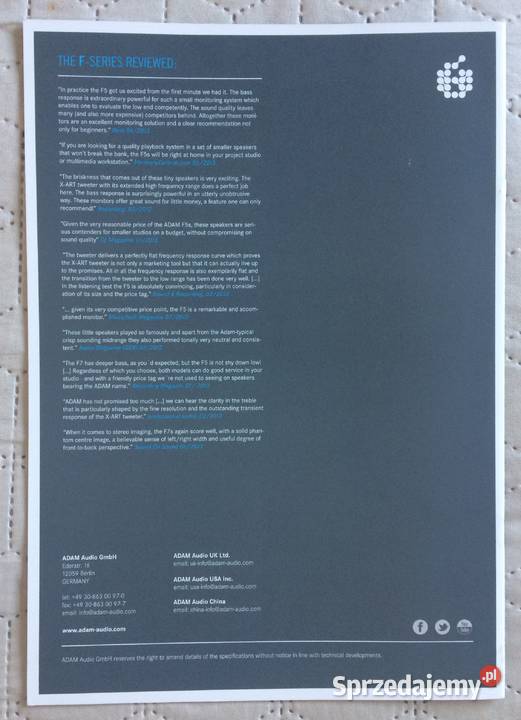 ADAM Studio Monitors FSeries Monitors brochure pomorskie Kępice sprzedam