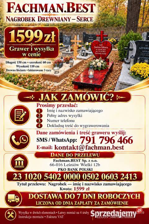 Nagrobek drewniany pomnik SERCE z krzyżem Szczecin