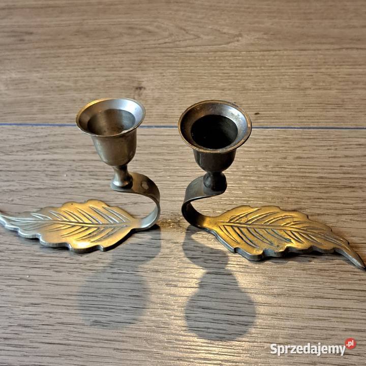 Zestaw 2 mosiężnych świeczników vintage liść Świeczniki