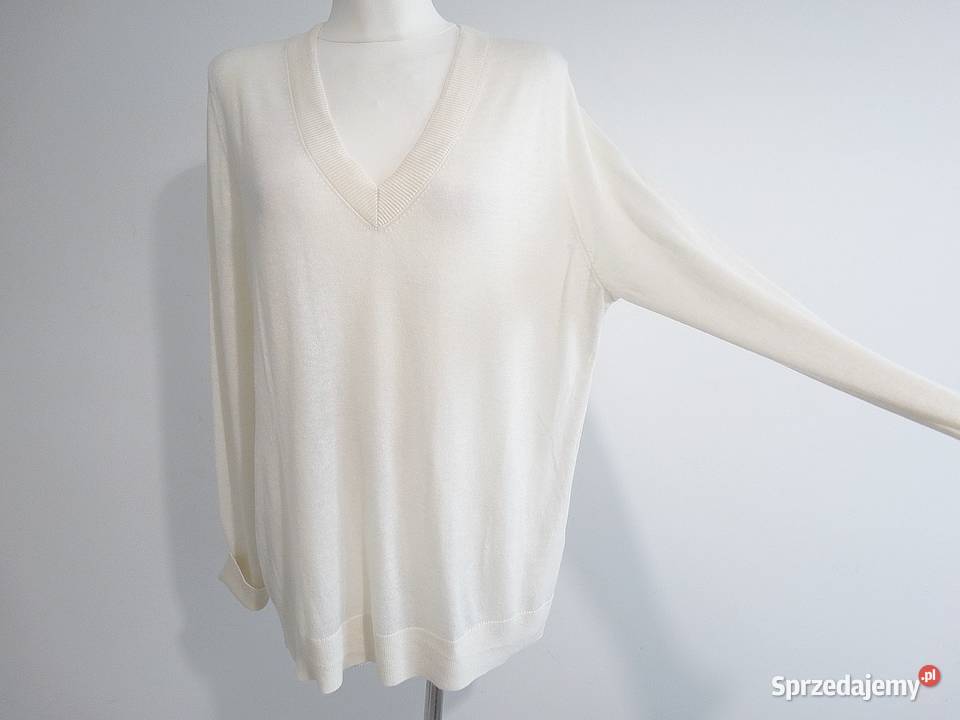 Sweter Wełniany Wełna z Kaszmirem Kremowy Dekolt Wkładane przez głowę  Łomża