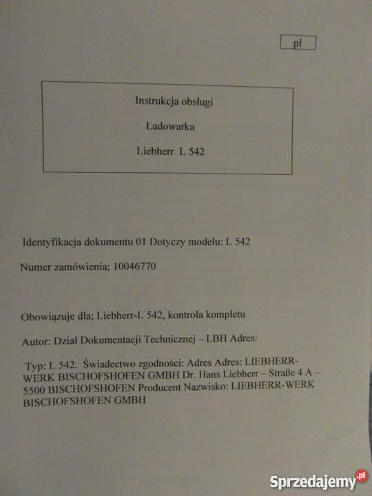INSTRUKCJA OBSŁUGI DTR ŁADOWARKA LIEBHERR L542 i zachodniopomorskie Szczecin