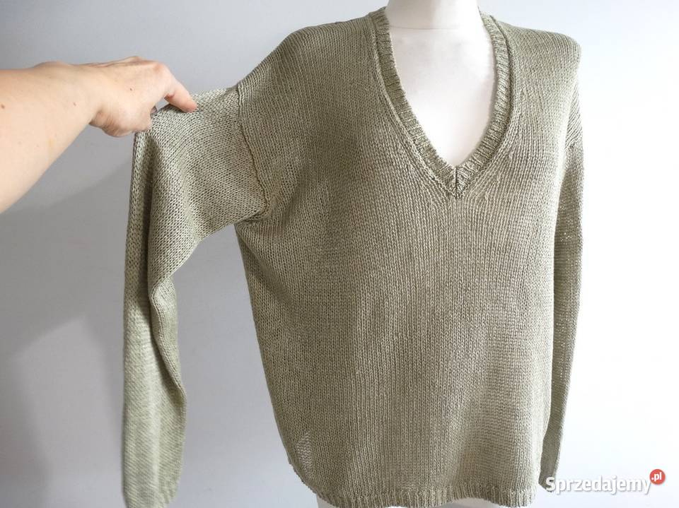 Sweter Lniany 100 Len Oliwkowy Bluzka Dzianinowa Swetry i golfy podlaskie Łomża