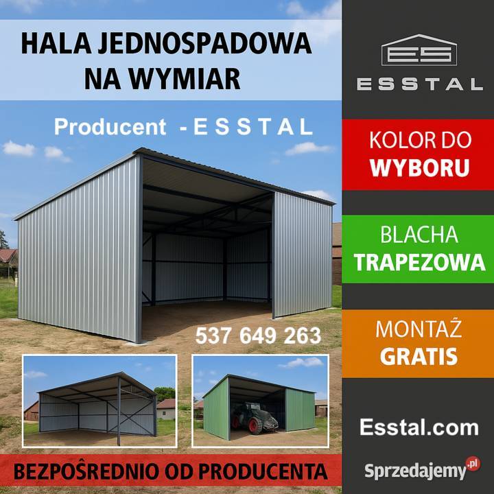 Garaż Jednospadowy  OTWARTY Wiata Hala Garaż 48m2 Sulęcin