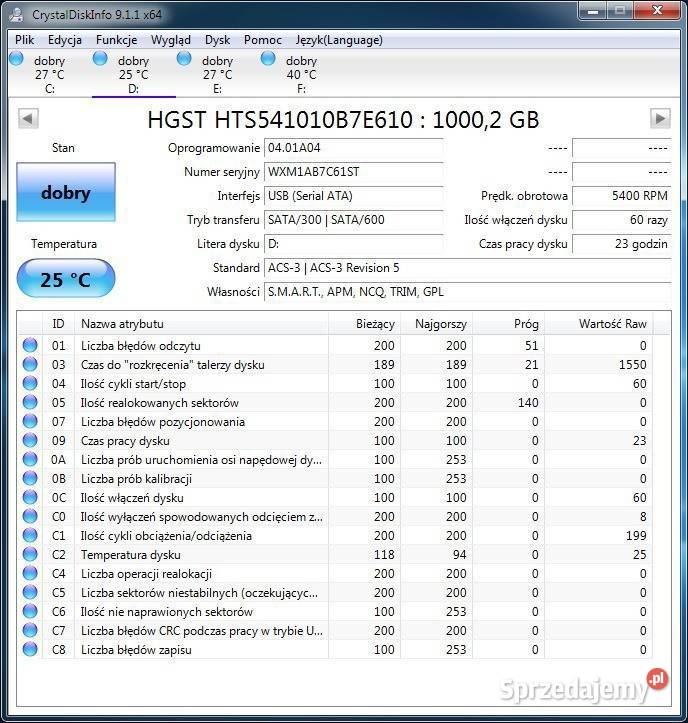 HGST 1TB SATA 25 HTSTS541010B7E610 128MB cache 2,5” Tomaszów Lubelski