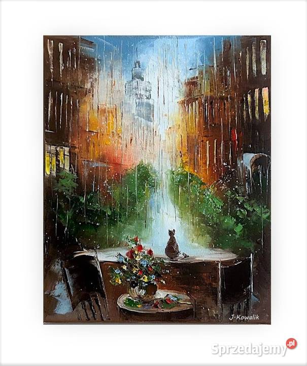 Kowalik Deszczowa uliczka 24x30 obraz olejny Warszawa sprzedam