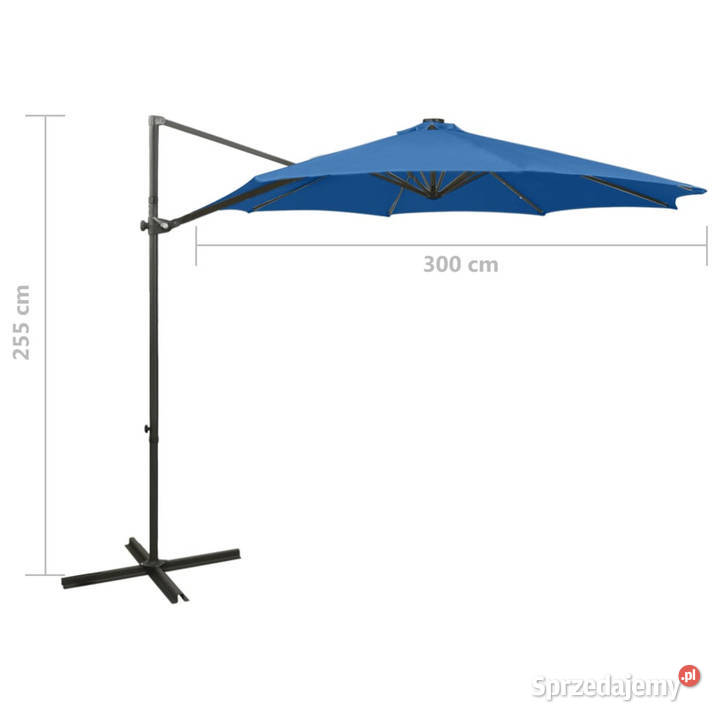 Parasol wiszący z LED i słupkiem niebieski 300