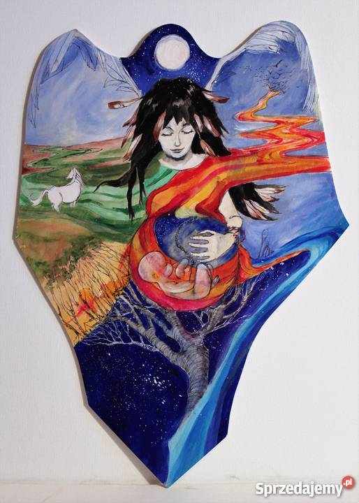 Duży anioł malowany akrylami na drewnie ANIOŁ Antyki, Sztuka, Kolekcje