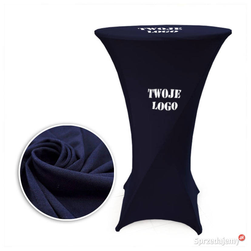 Granatowy elastyczny obrus na stół z logo full Warszawa