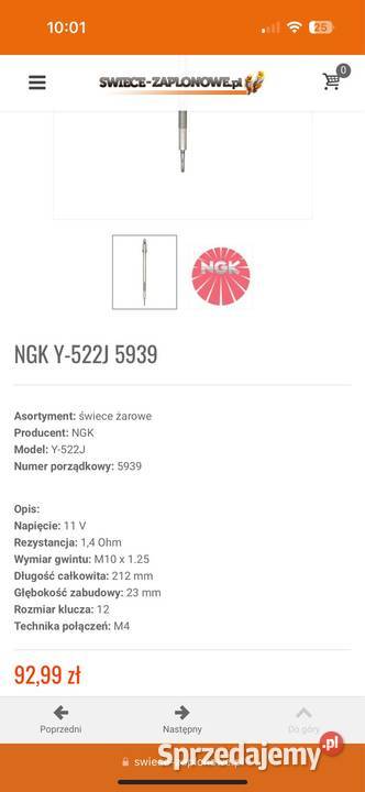 Świeca żarowa NGK Y522J 5939 4 terenowe Kielce