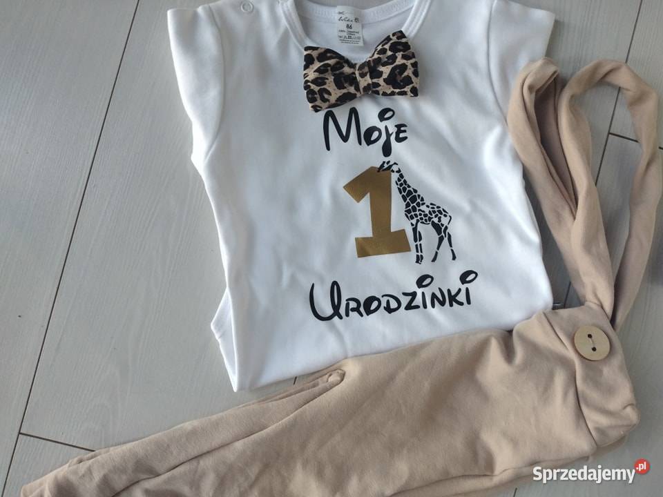 Beżowy komplet Moje 1 urodzinki żyrafa