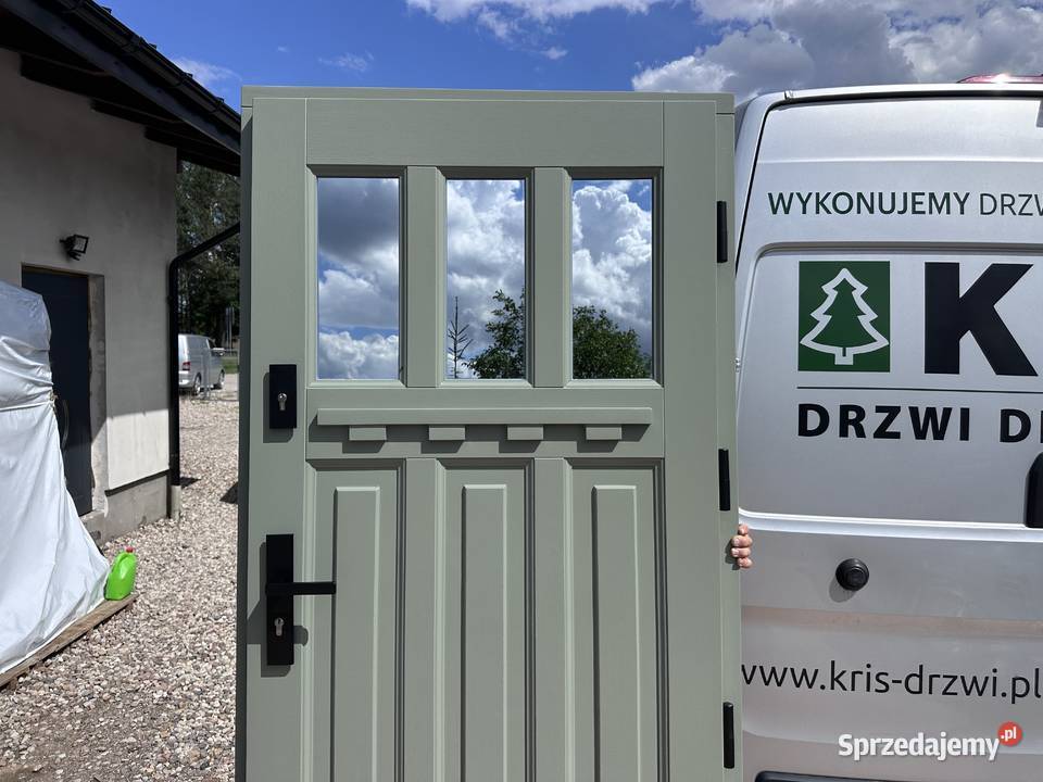 Drzwi drewniane RĘKI zewnętrzne zielone Budowa Tarnowskie Góry