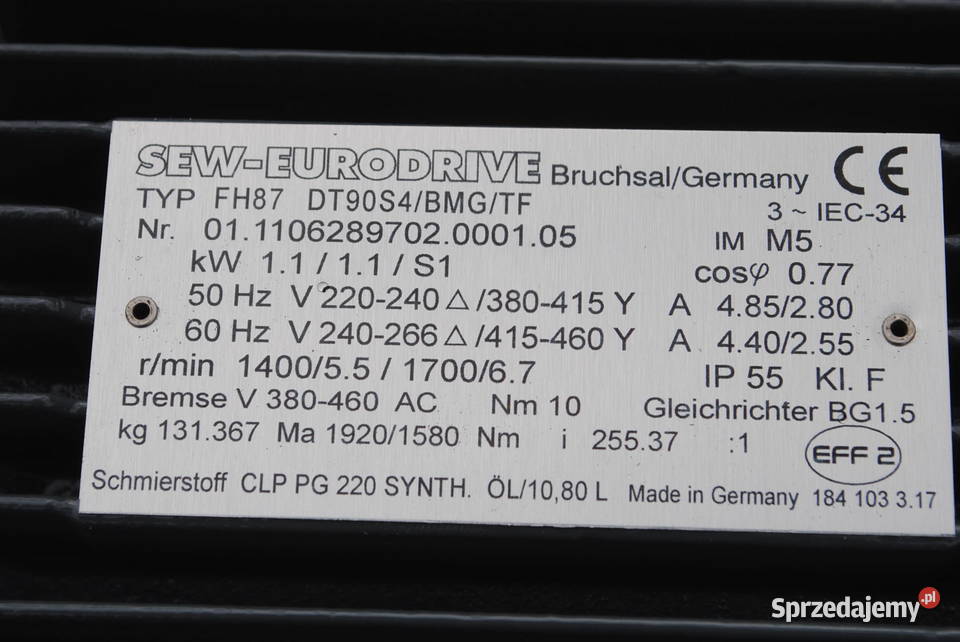 Motoreduktor 11kw 55obrmin z hamulcem firmy SEW Pozostałe lubuskie Kargowa