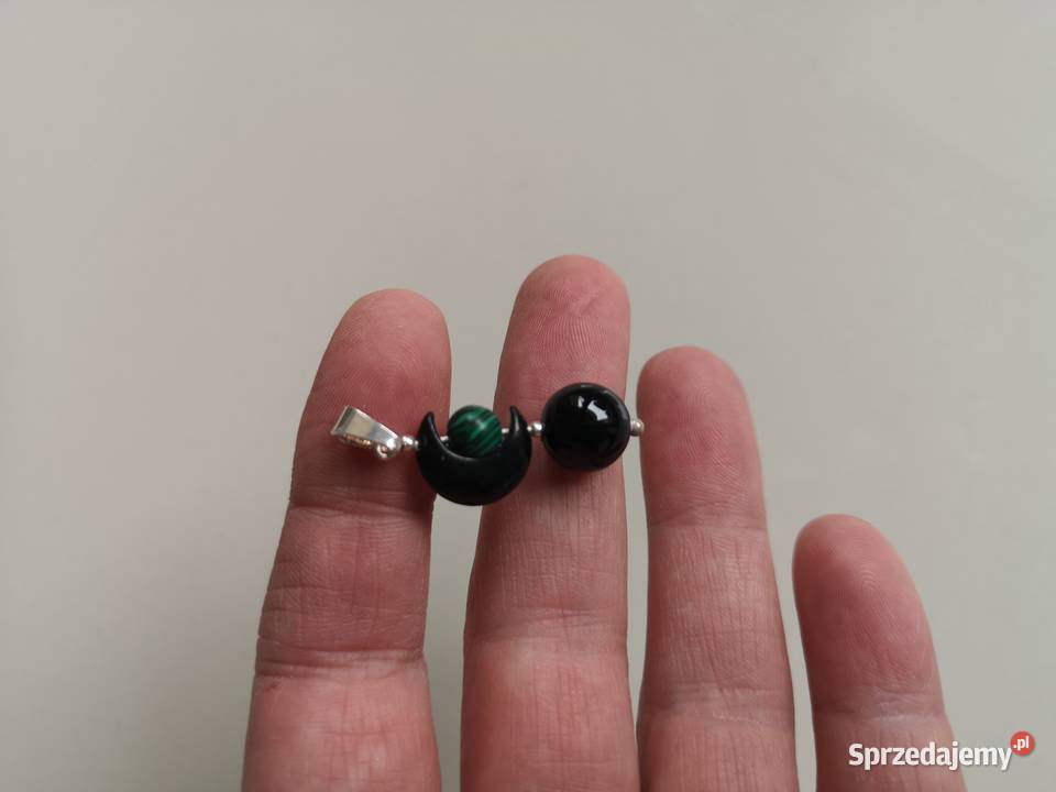 Zawieszka amulet onyks malachit srebro