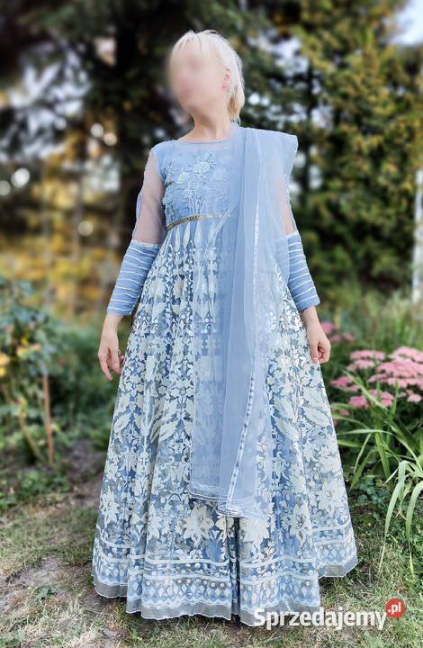 Niebieska suknia balowa S 36 kwiaty floral Szczecin sprzedam