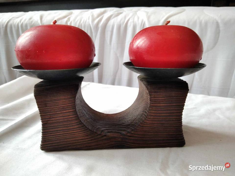 drewniany świecznik podwójny z okrągłymi Antyki, Sztuka, Kolekcje Gdańsk