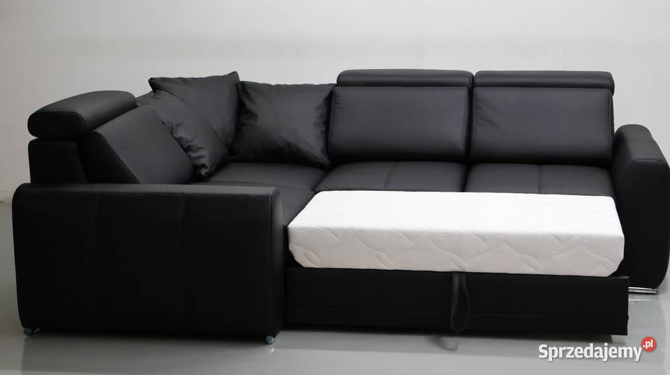 czarny SKÓRA NATURALNA NAROŻNIK funkcja spania 254cm Poznań