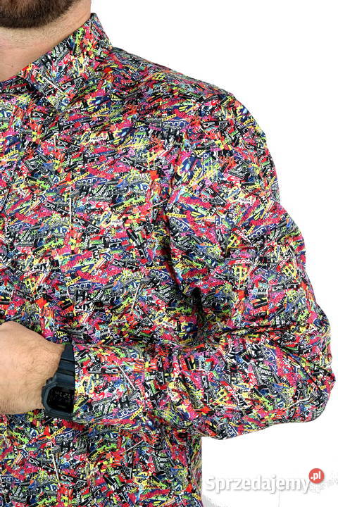 DANIEL BESSI Koszula Męska Fb064 Kolorowa Napisy Ostrów Wielkopolski
