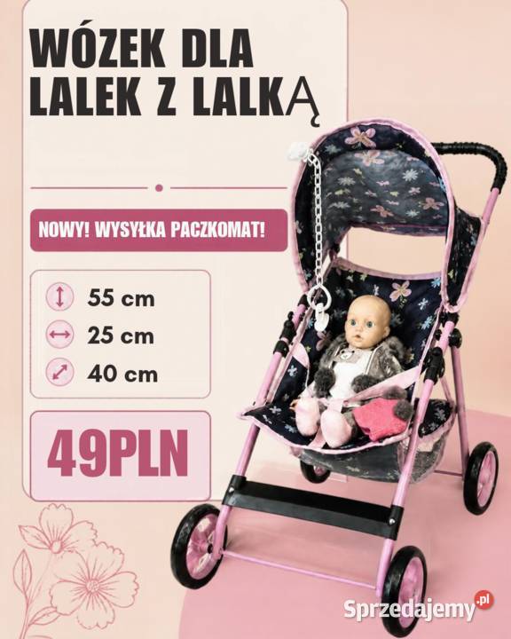 Wózek lalek z lalką spacerówka różowy kwiaty 3 lata+ Lalki i akcesoria