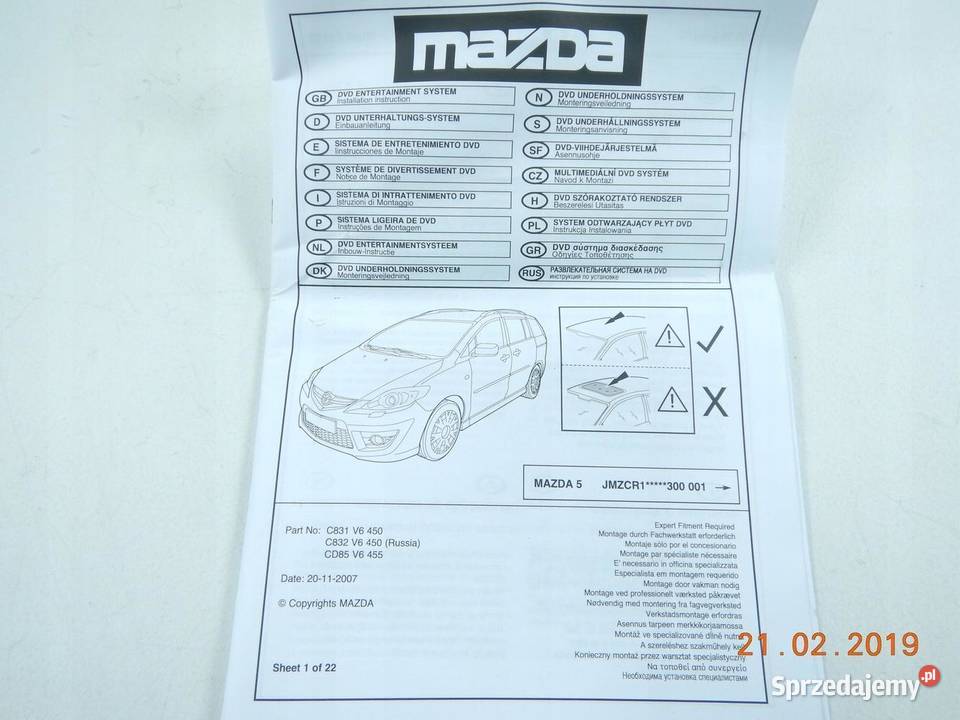 INSTALACJA UCHWYT ODTWARZACZA DVD MAZDA 5 osobowe Sprzęt audio fabryczny