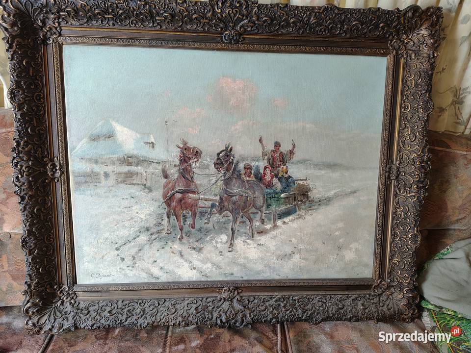 Stary obraz olejny Zimowa sanna