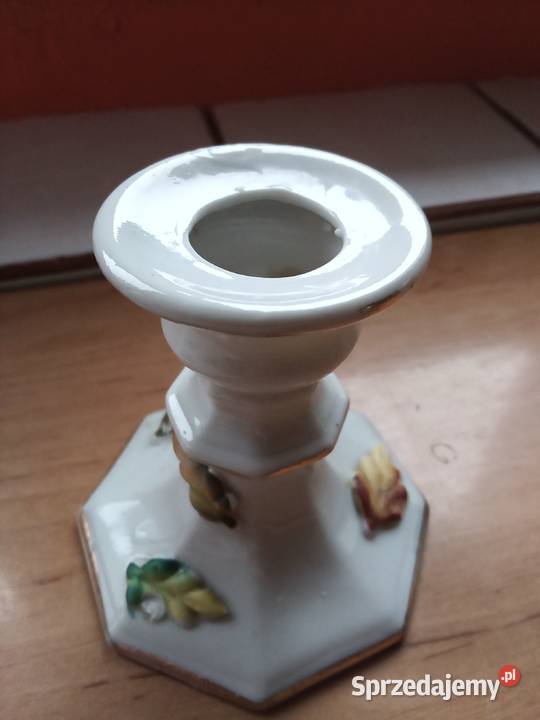Prl świecznik porcelana liście sygnowany biały Łódź