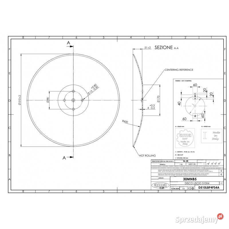 Talerz 510 mm 4 otworowy grubość 4 mm gładki