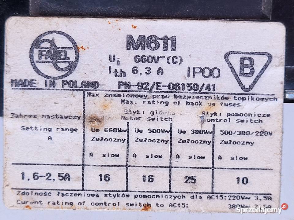 Wyłącznik silnikowy M 611 o zakresie 16 25A kujawsko-pomorskie Nakło nad Notecią