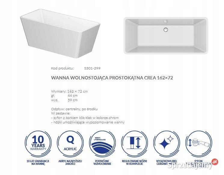 WANNA WOLNOSTOJĄCA PROSTOKĄTNA CREA 162x72 Zakopane