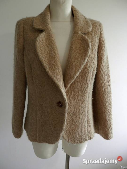Marynarka Wełniana Beżowa Żakardowa Camelowa Łomża