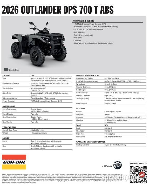 CanAm Outlander DPS T ABS 700 2026 1ETK T3b quad Nowy Sącz