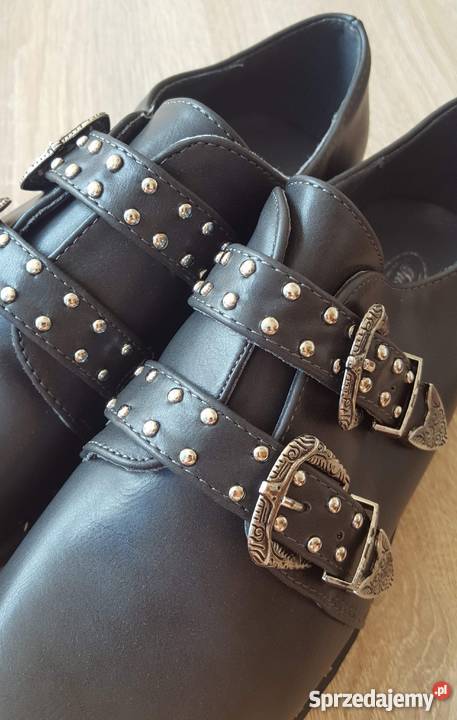 Nowe buty czarne 39 płaskie metalowe sprzączki Szczecin