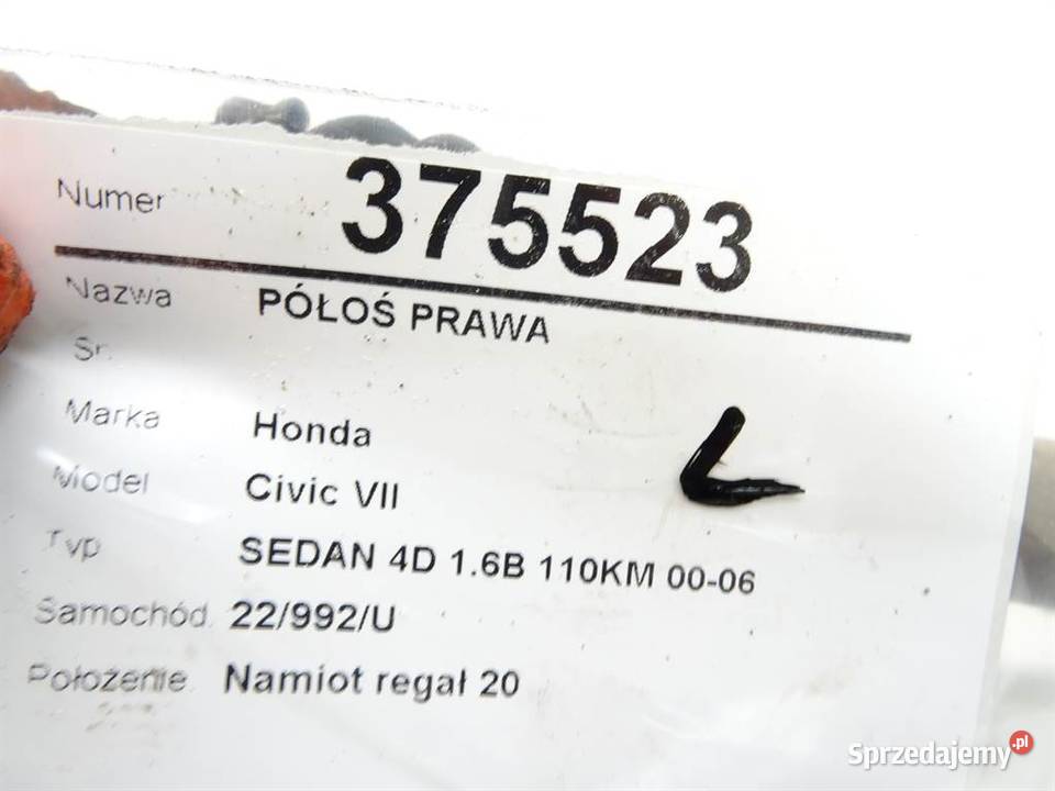 PÓŁOŚ PRAWA HONDA CIVIC VII 16 110 0006 PRZEGUB podkarpackie